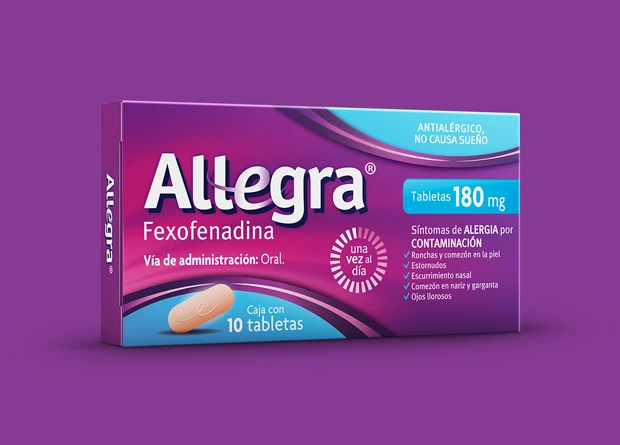 Anverso de empaque de tabletas Allegra® de 180mg