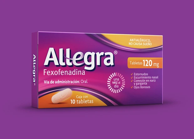 Anverso de la caja de tabletas Allegra® Reverso de la caja de tabletas Allegra®